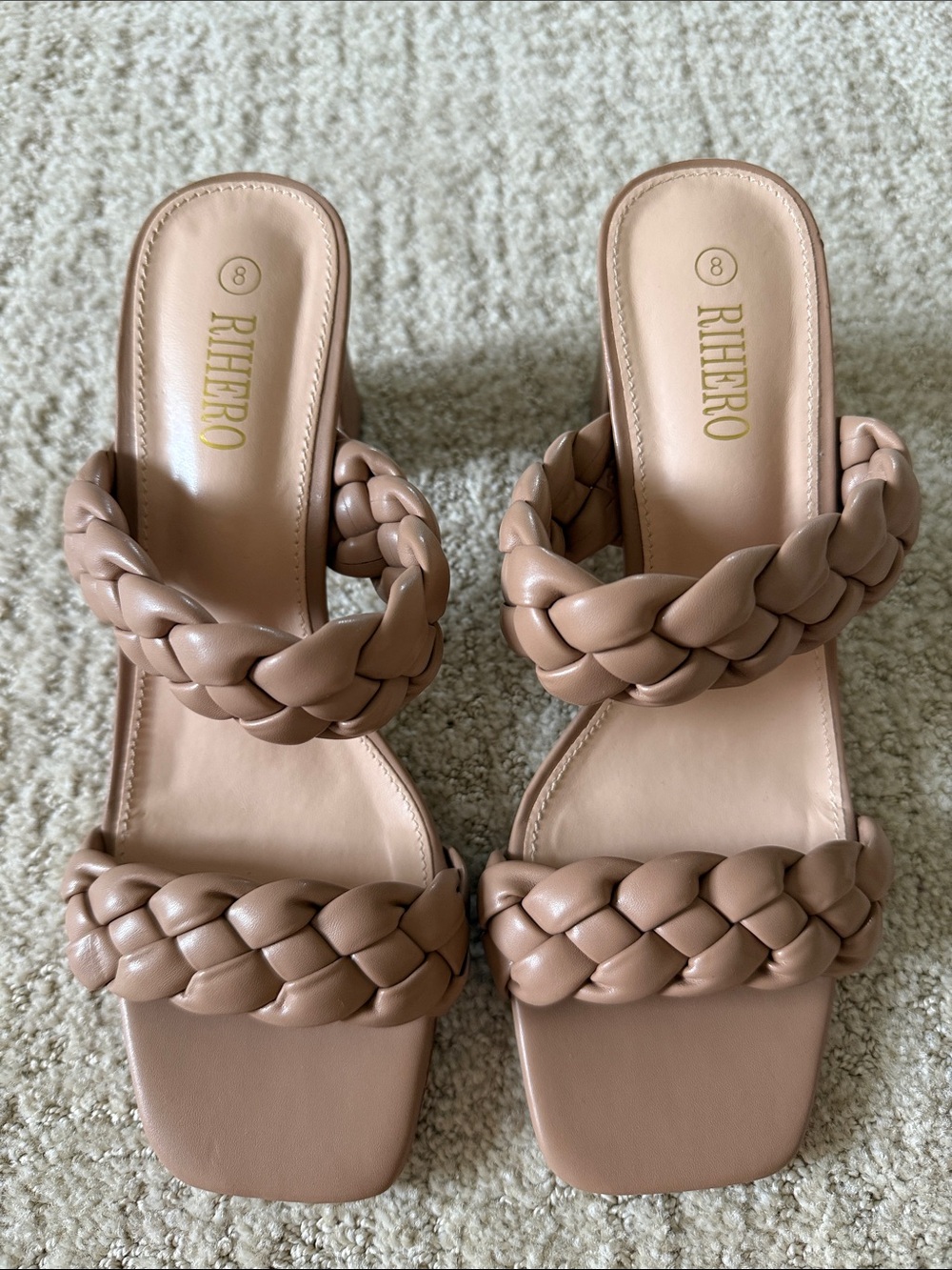 RIHERO Nude Braided Double Strap Block Heel Sandals Size 8
